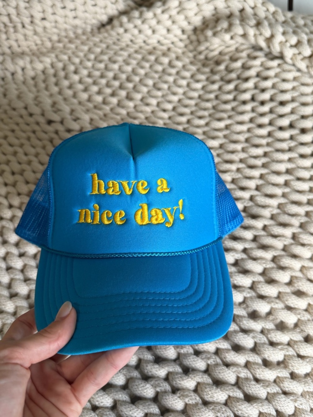 Blue Trucker Hat with Yellow "have a nice day!" Embroidery Hat
